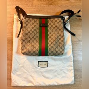 Gucci GG Supreme Web Stripe Messenger Bag Beige Ebony Crossbody Canvas